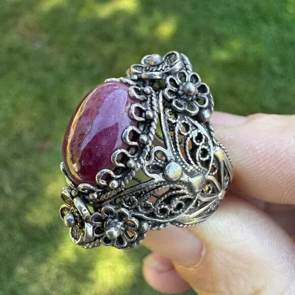 Vintage Sterling Silver Filigree Ring Size 8.5 DGS 925 Turkey Ruby Zoisite Cab